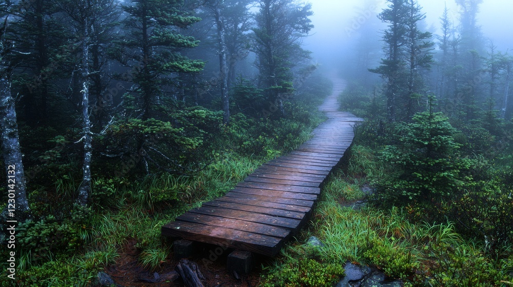 Poster wooden pathway through a misty mountain forest sunlight filtering through dense trees tranquil summe