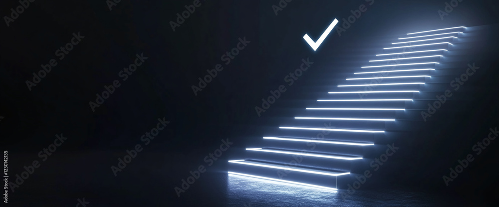 Poster glowing illuminated stairs with neon blue lights and a check mark symbol on a dark background, symbo