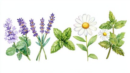 Fototapeta premium A collection of hand-painted herbs and flowers, including lavender, mint, and daisies, showcasing vibrant colors and intricate details.