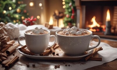 Fototapeta premium Snowy Christmas Eve scene with cinnamon-spiced hot chocolate, hot chocolate,
