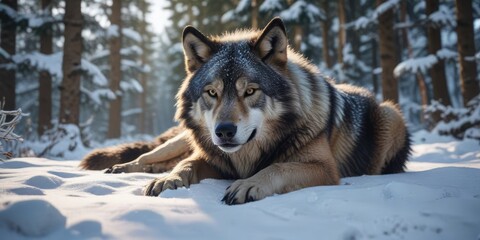 Obraz premium Snowy forest with a big wild wolf lying down in the snow, forest ecosystem, animal hunt, snowy woods