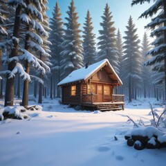 Snowy forest with a small cabin in the background, cabin roof, woodsy