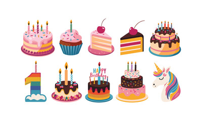 Colorful Cartoon Birthday Cakes, Cupcakes, and Candles with Fun Unicorn Design