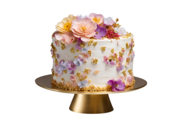 A delicate floral cake adorned with edible flowers, pastel petals, and gold accents, isolated on a white background, studio lighting, full shot, ultra-HD clarity