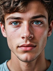 Obraz premium A close-up portrait of a young man with curly hair and blue eyes and looking directly at the viewer