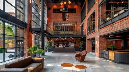 Modern industrial-style lobby with brick walls, plants, and cozy seating in a vibrant café