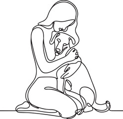 Dog Love. Line Drawing of Woman Kneeling with Her Dog Vector