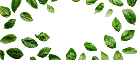 Basil leaf spice plant flavouring remedy herb, scattered fly surround on transparent background cutout PNG file. Mockup template for artwork design. Wallpaper banner border