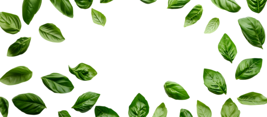 Basil leaf spice plant flavouring remedy herb, scattered fly surround on transparent background cutout PNG file. Mockup template for artwork design. Wallpaper banner border
