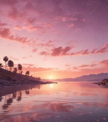 Soft focus pink evening sky with sparkly lights, stars, and a warm sunset glow, pink evening sky, inviting, cozy