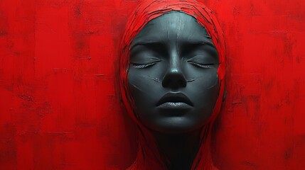 A woman's face is painted on a red background