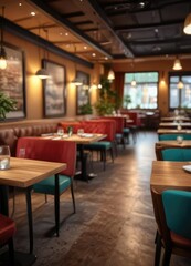 Fototapeta premium Soft focus restaurant interior with blurred tables, focus, soft, muted colors