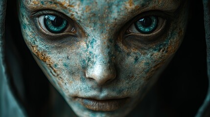 A woman with blue eyes and a green face