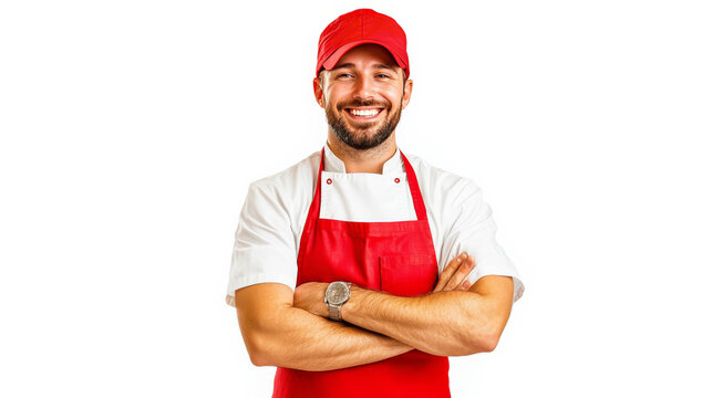 Confident Butcher: A friendly butcher in red apron, sporting a confident smile,  with arms crossed, stands against an isolated background, ready to serve his customers.  