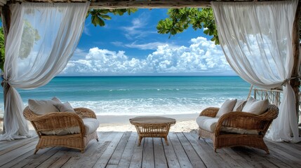 Obraz premium Minimalist tropical glamping setup rattan furniture cozy cushions sheer white curtains fluttering in the ocean breeze peaceful beach retreat Stock Photo with side copy space