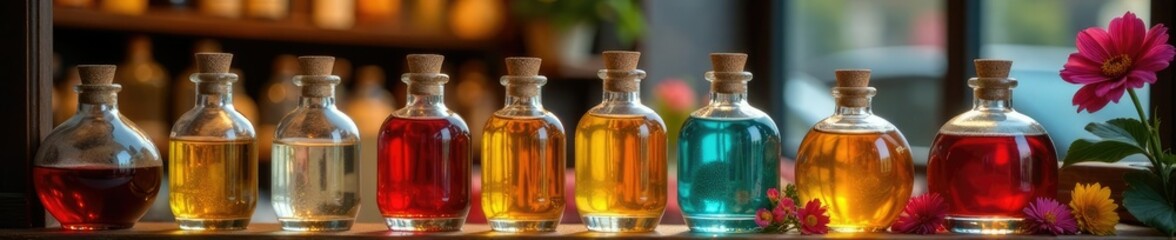 Fragrances and scented oils in decorative bottles, merchant, aromatics, shop window