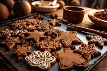 Freshly baked christmas gingerbread cookies cooling on a tray, decorated with intricate icing designs, accompanied by cinnamon sticks and star anise