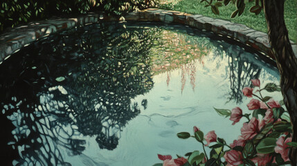 Naklejka premium Tranquil Reflection of Trees in a Garden Pond