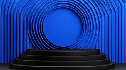Naklejka premium Abstract Blue Stage: A modern, minimalist 3D rendering of a black tiered podium set against a backdrop of concentric blue circles.