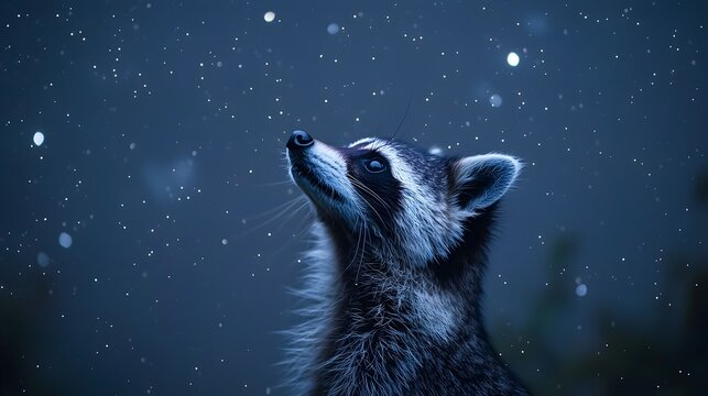 Close-up side view of a raccoon under an ethereal night sky. National Geographic style