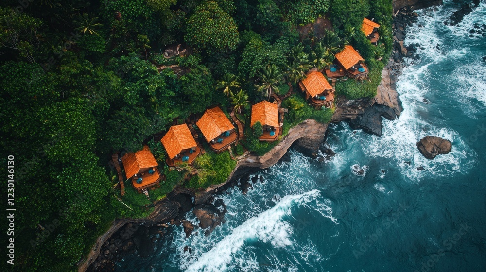 Poster aerial view of an exclusive oceanfront glamping resort elegant tents arranged in harmony with the na