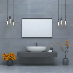 Modern bathroom sink, gray tiles, artwork