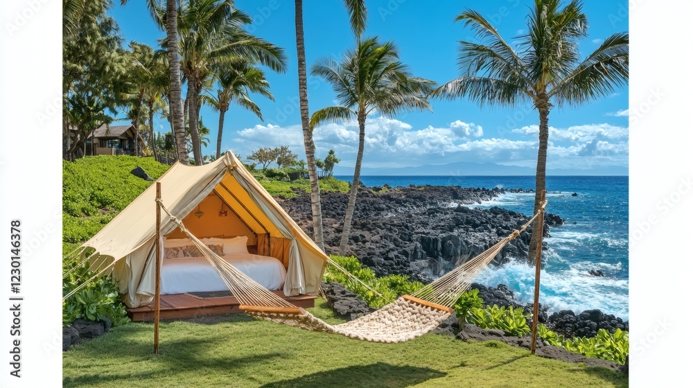 Poster oceanfront hammock strung between palm trees beside a luxury glamping tent perfect spot for an after