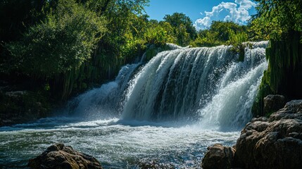 Fototapeta premium Waterfall cascading through lush forest, sunny day. Nature background, ideal for travel or serenity themes