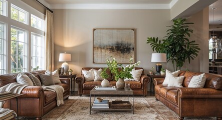 Fototapeta premium Neutral toned living room with leather couch and lamp
