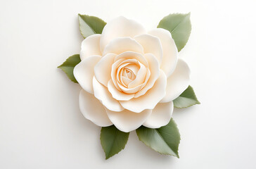 Creamy Elegance: A single, delicate, off-white rose with vibrant green leaves blooms in a minimalist, modern design, radiating beauty and grace.  