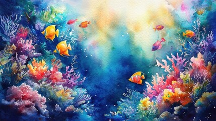 Fototapeta premium Watercolor Painting Of Vibrant Coral Reef And Yellow Fish
