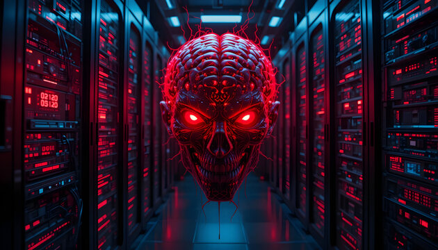 Evil red AI brain in data center. Danger of strong artificial intelligence, threat to humanity, future risk of bad scenario, creating dangerous ASI, scary ... See More
