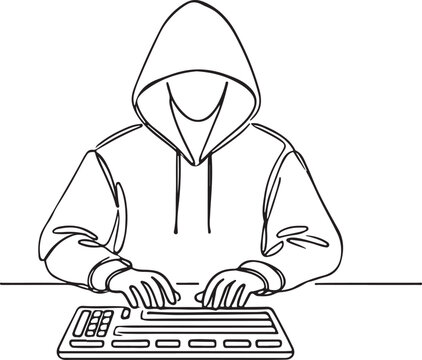 Modern Computer Hacker Stereotype in Line Drawing Style