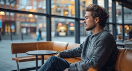 Person sitting alone in public space avoiding eye contact