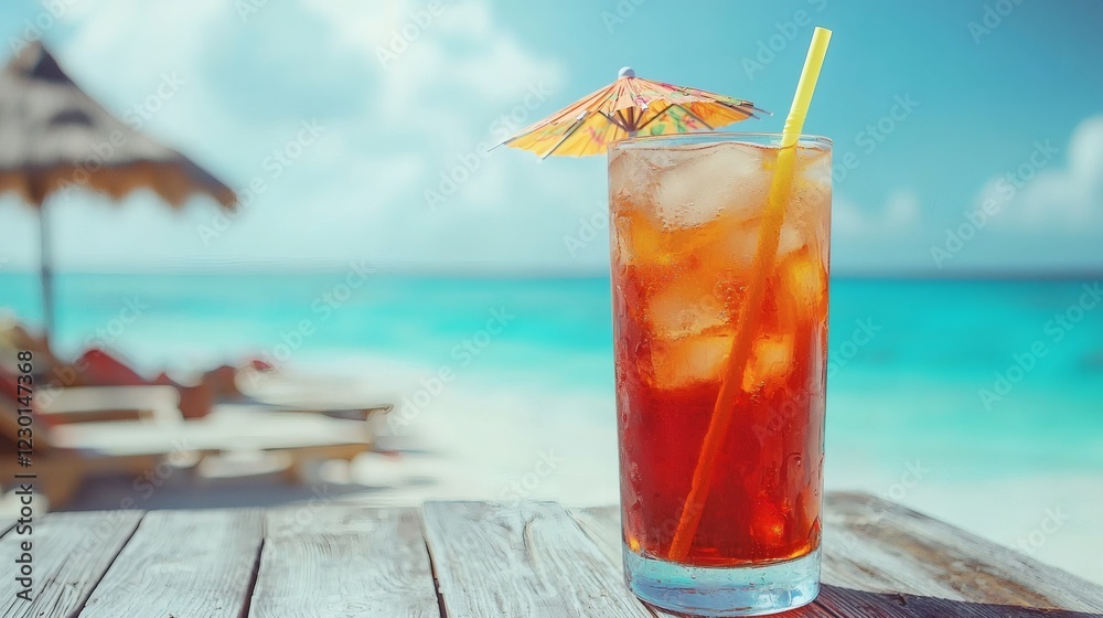 Poster refreshing tropical cocktail in a coconut with a straw and umbrella placed on a wooden beachside tab