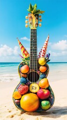 Ukulele Adorned with Tropical Fruits on a Sunny Beach