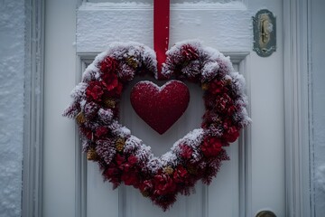 Winter Door Decoration with Snowy Heart-Shaped Floral Wreath for Valentine's Day