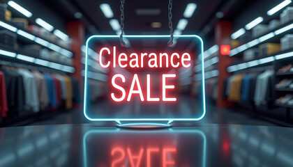 Futuristic shopping concept with holographic clearance sale sign floating above virtual product display in dark tech-inspired background
