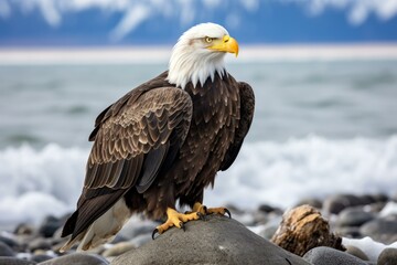 Bald eagle perched on a rock by the ocean shore, with mountains in the background