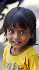 Bright-eyed child smiles warmly under soft sunlight in an outdoor setting while wearing a cheerful yellow shirt during a clear daytime