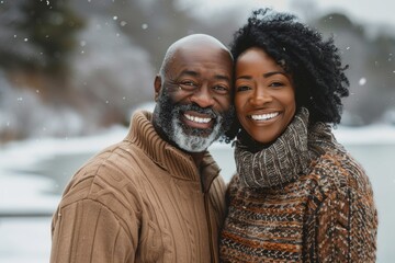 Portrait of a cheerful afro-american couple in their 40s dressed in a warm wool sweater isolated in backdrop of a frozen winter lake