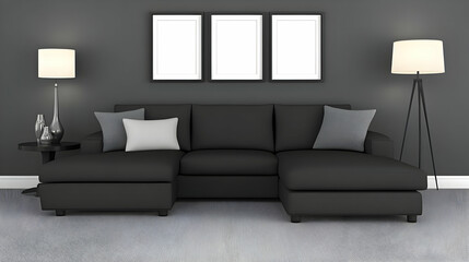 Modern dark grey sectional sofa in living room