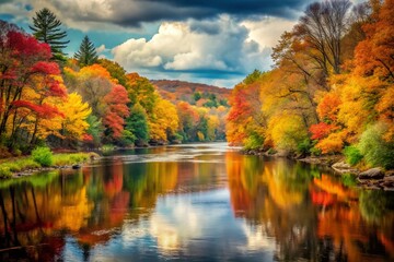 Farmington River Autumn Scenery: Vintage-Style Photograph of Colorful Fall Foliage