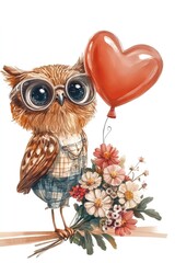 Naklejka premium Valentine day card with cute owl holding bouquet of flowers and red balloon in heart shape on white background