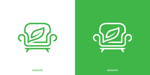 Simple Eco Sofa Logo. Couch Sofa and Leaf Graphic Icons. Nature Furniture Logo Design Template.