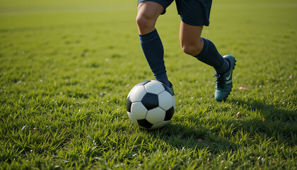 Fototapeta premium A footballer kicking a classic black and FIFA ball on a lush green grass field, captured in mid-action with a Styling and Professional Pose.