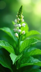 lush green foliage with white hosta buds upright, plant, hosta, nature