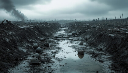 World War I Trench Battlefield Landscape Desolate Mud and Helmets