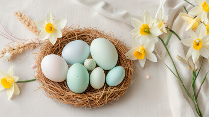 easter eggs in a nest with flowers