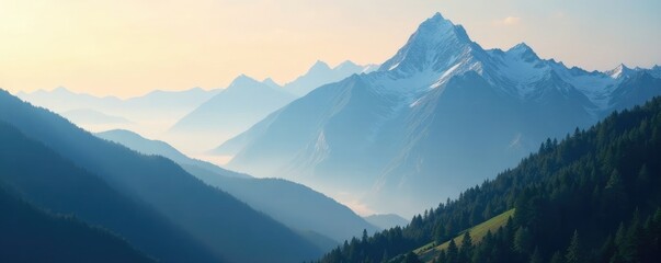Majestic mountains towering above the misty veil, hills, bright, majestic
